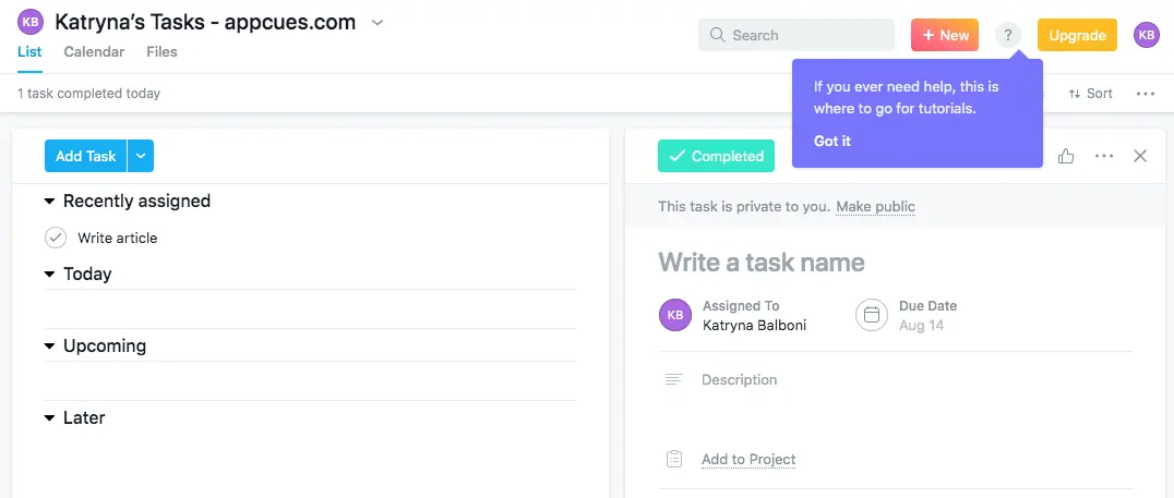 Asana interface showing a tooltip for user assistance.