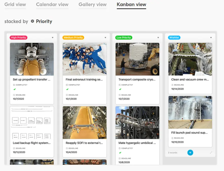 Airtable Kanban view displaying tasks organized by priority.