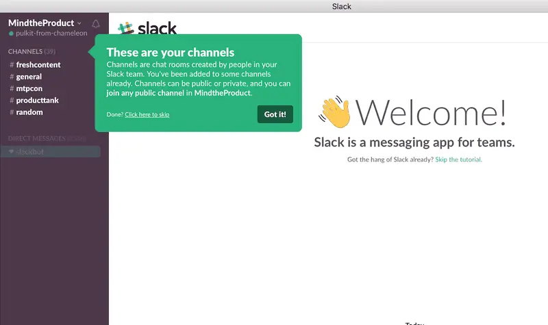 Slack onboarding process showing channel introductions.