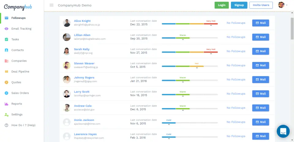 CompanyHub contact management interface displaying conversation statuses.