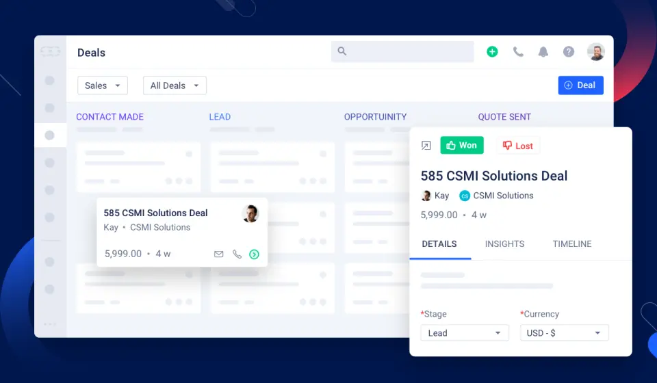 Deals interface showing sales pipeline details and deal status.