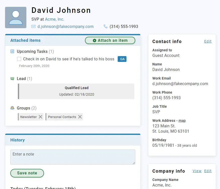 Less Annoying CRM contact management interface displaying user details and tasks.