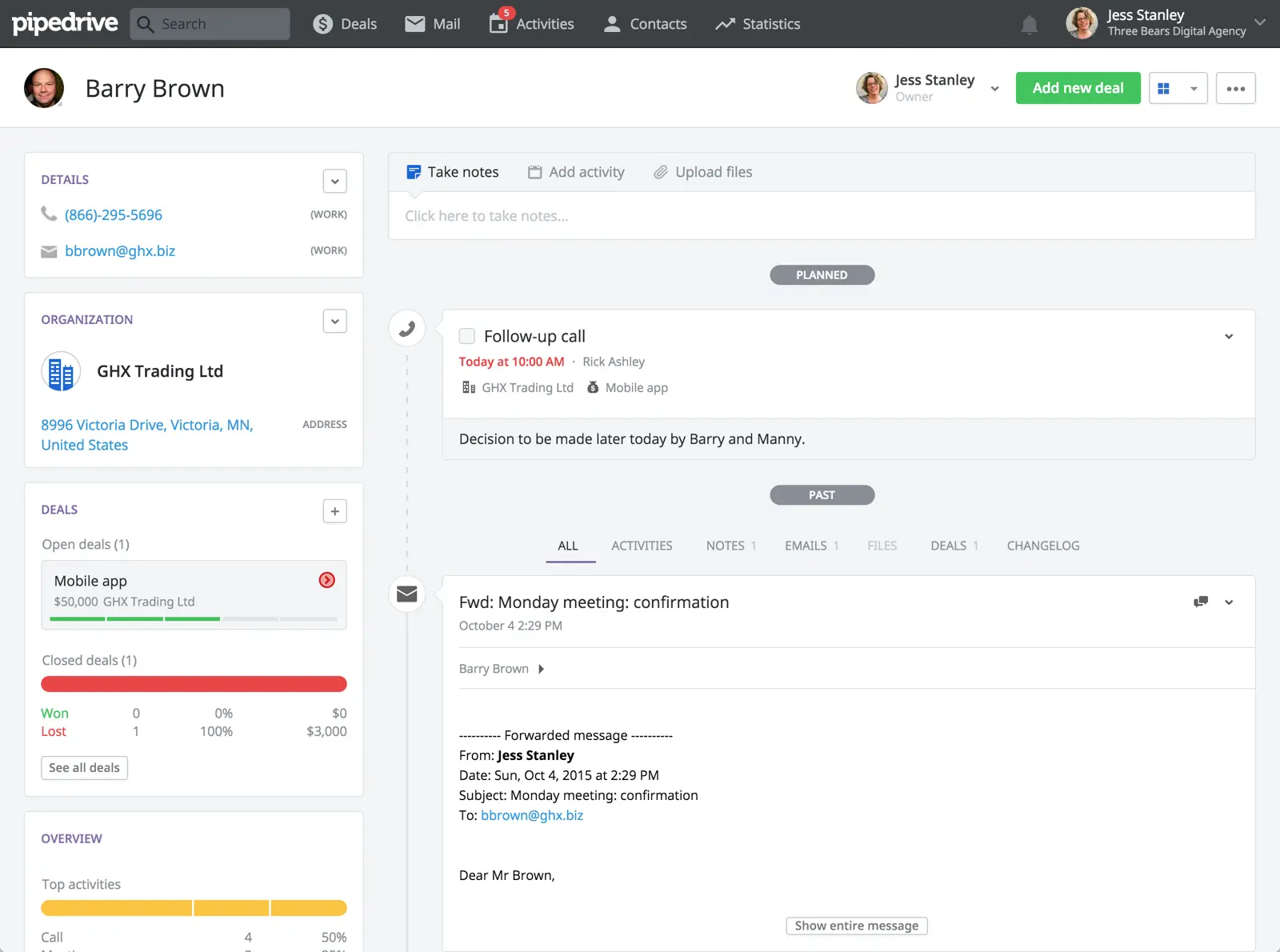 Pipedrive interface showing a contact's details and activity history.