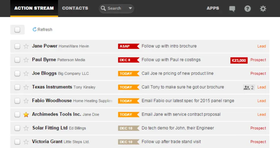 OnePageCRM action stream showing contact follow-up tasks.