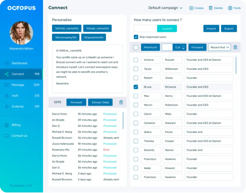 Octopus CRM connect interface displaying user connection options and data extraction features.