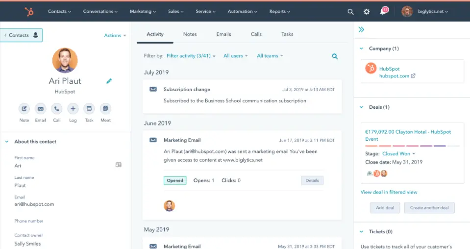 HubSpot contact activity log showing subscription and marketing email details.