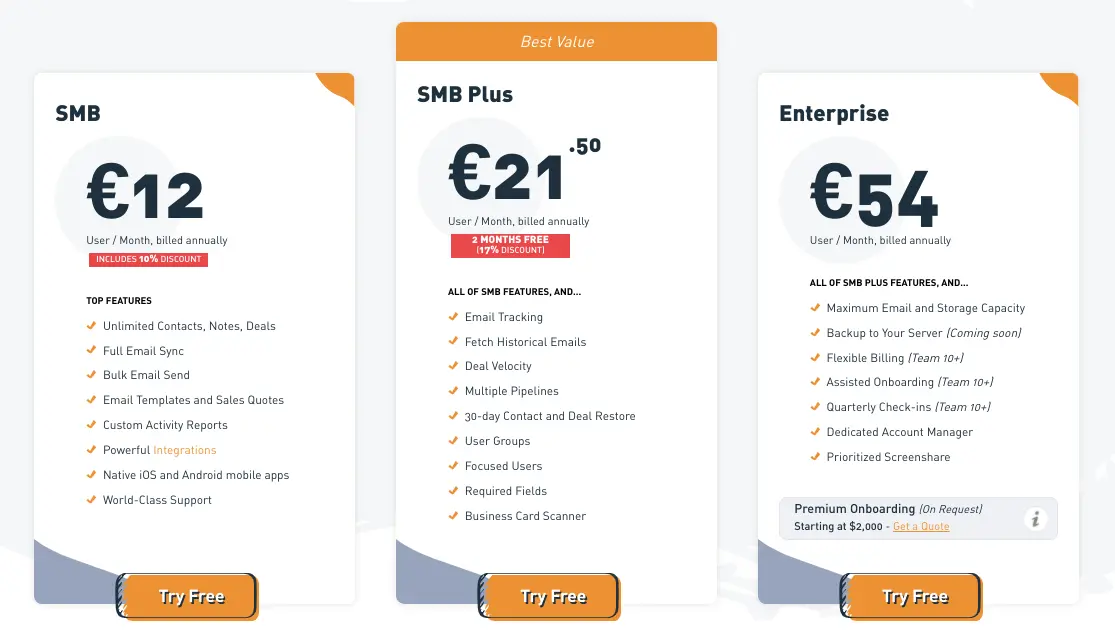 ActiveCampaign pricing plans showing SMB, SMB Plus, and Enterprise options.