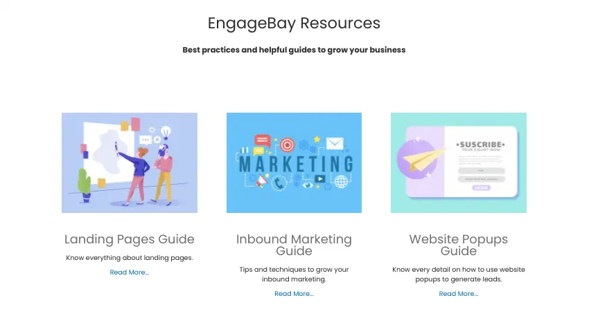 EngageBay marketing resources illustrating landing pages, inbound marketing, and website popups.