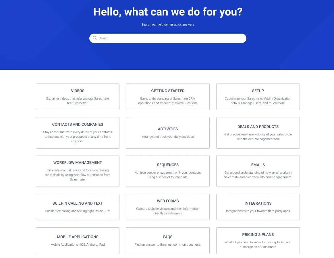 Salesmate help center overview showcasing various support topics.