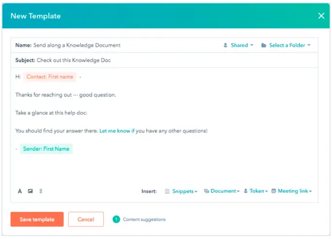 HubSpot email template editor showing a contact personalization setup.