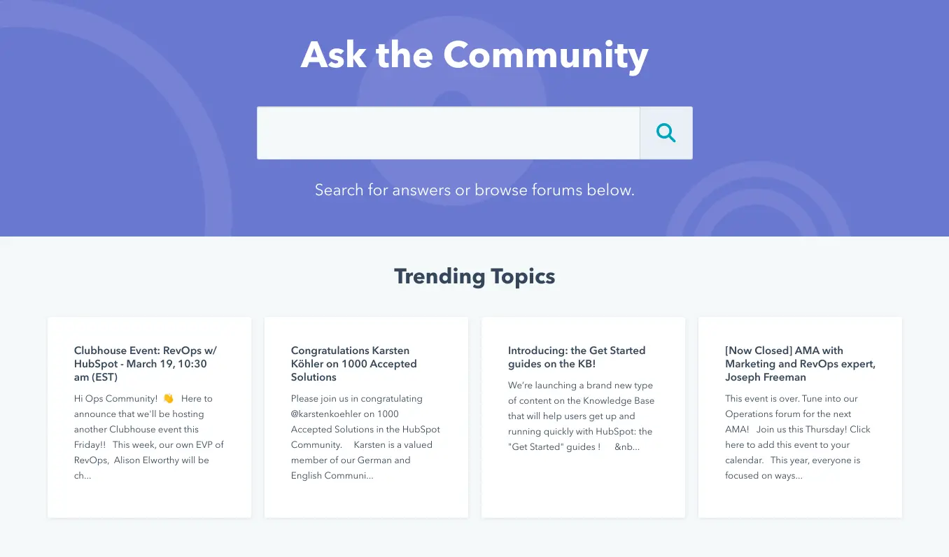 HubSpot Community interface showcasing trending topics and search functionality.