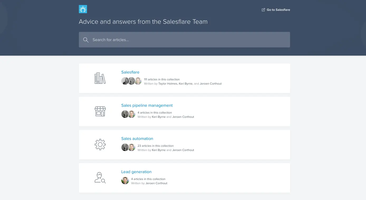 Salesflare knowledge base displaying support articles for various features.