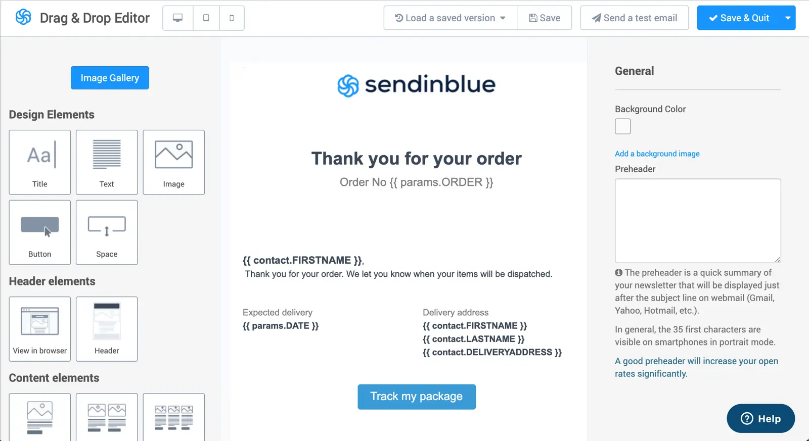 Sendinblue email builder interface displaying order confirmation template.