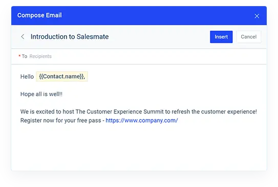 Salesmate email composer showing a message template.