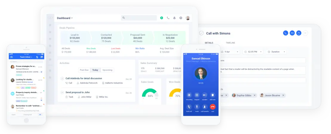 Salesmate dashboard showing leads, activities, and contact details.