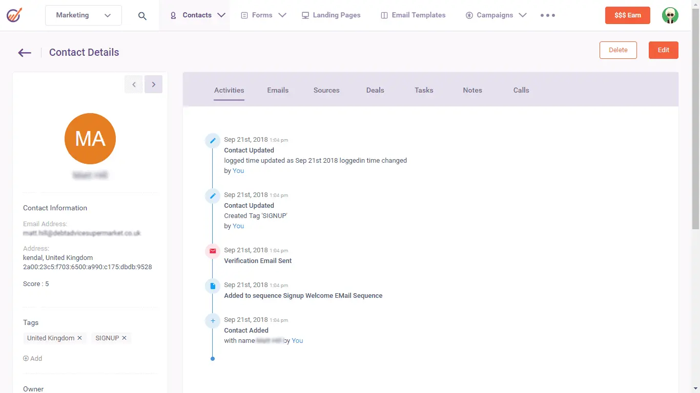 EngageBay contact details showing activity history and email interactions.