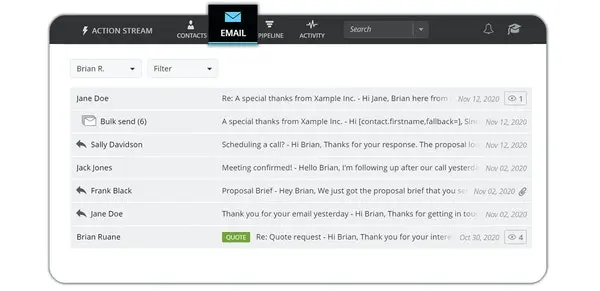 OnePageCRM email interface showing action stream with contacts and messages.