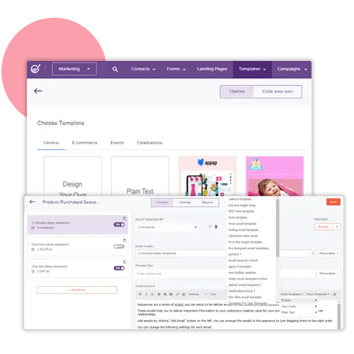 ActiveCampaign automation builder displaying template selection for email campaigns.