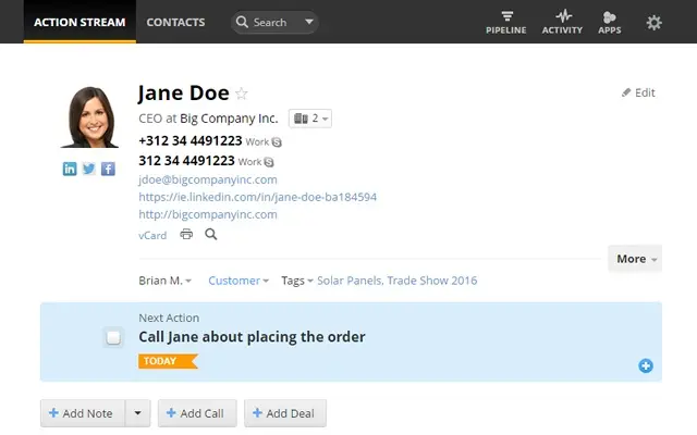 OnePageCRM showing customer action stream and details.