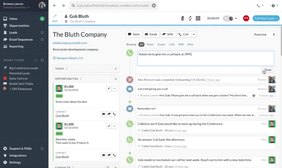 Close user interface showing task management and communication features.