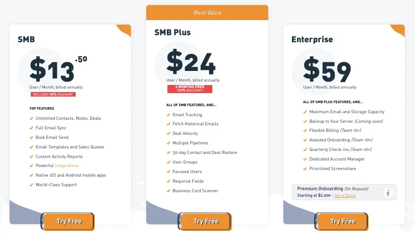 OnePageCRM pricing plans with features and monthly costs for users.