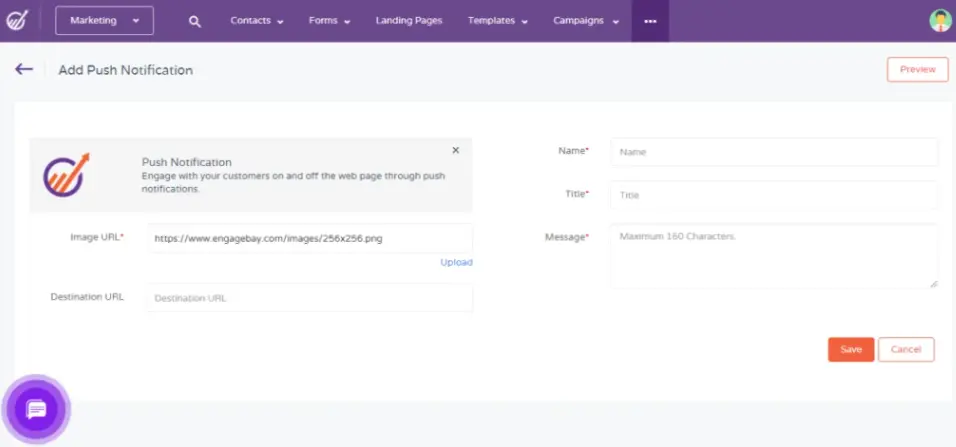 EngageBay push notification settings showing message and destination URL fields.