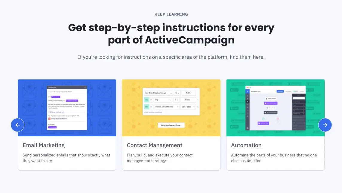 ActiveCampaign interface showing step-by-step instructions for Email Marketing, Contact Management, and Automation.