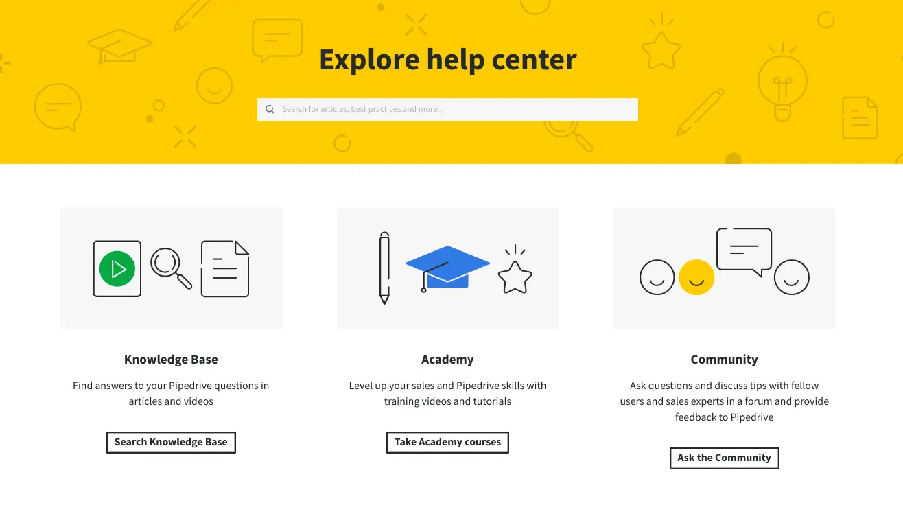 PipeDrive help center overview featuring Knowledge Base, Academy, and Community sections.