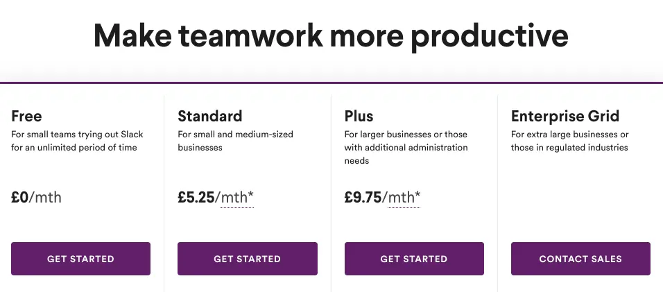 Slack pricing plans for different team sizes and features.