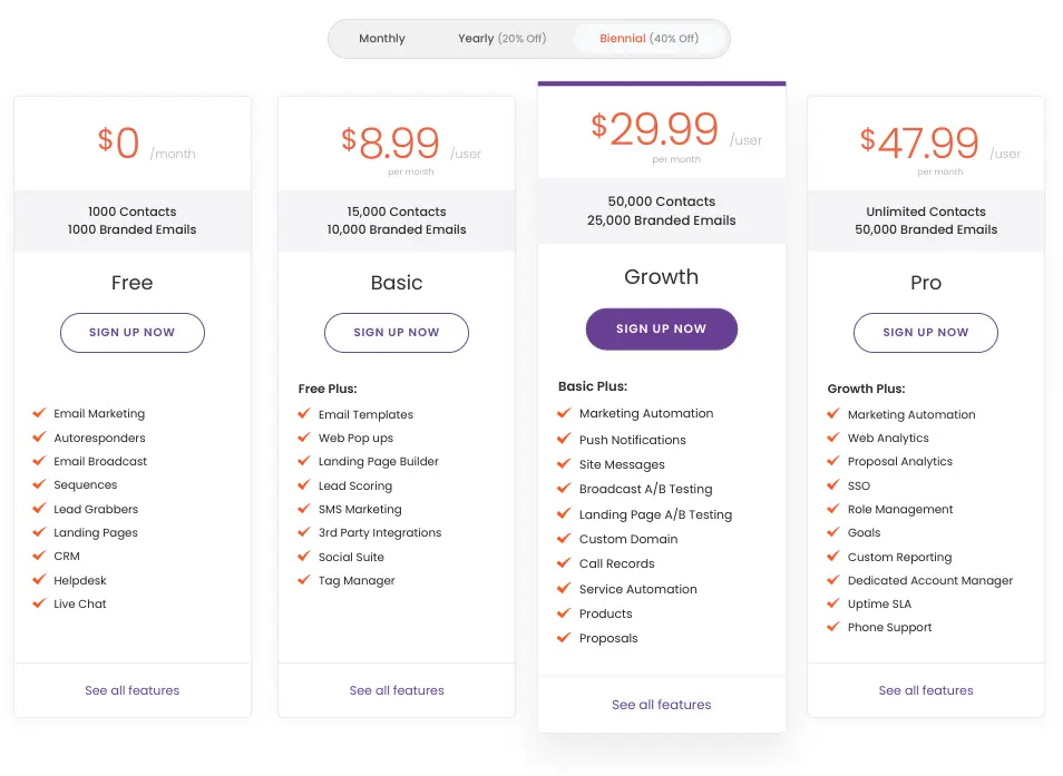 EngageBay pricing page displaying different plan features and pricing options.