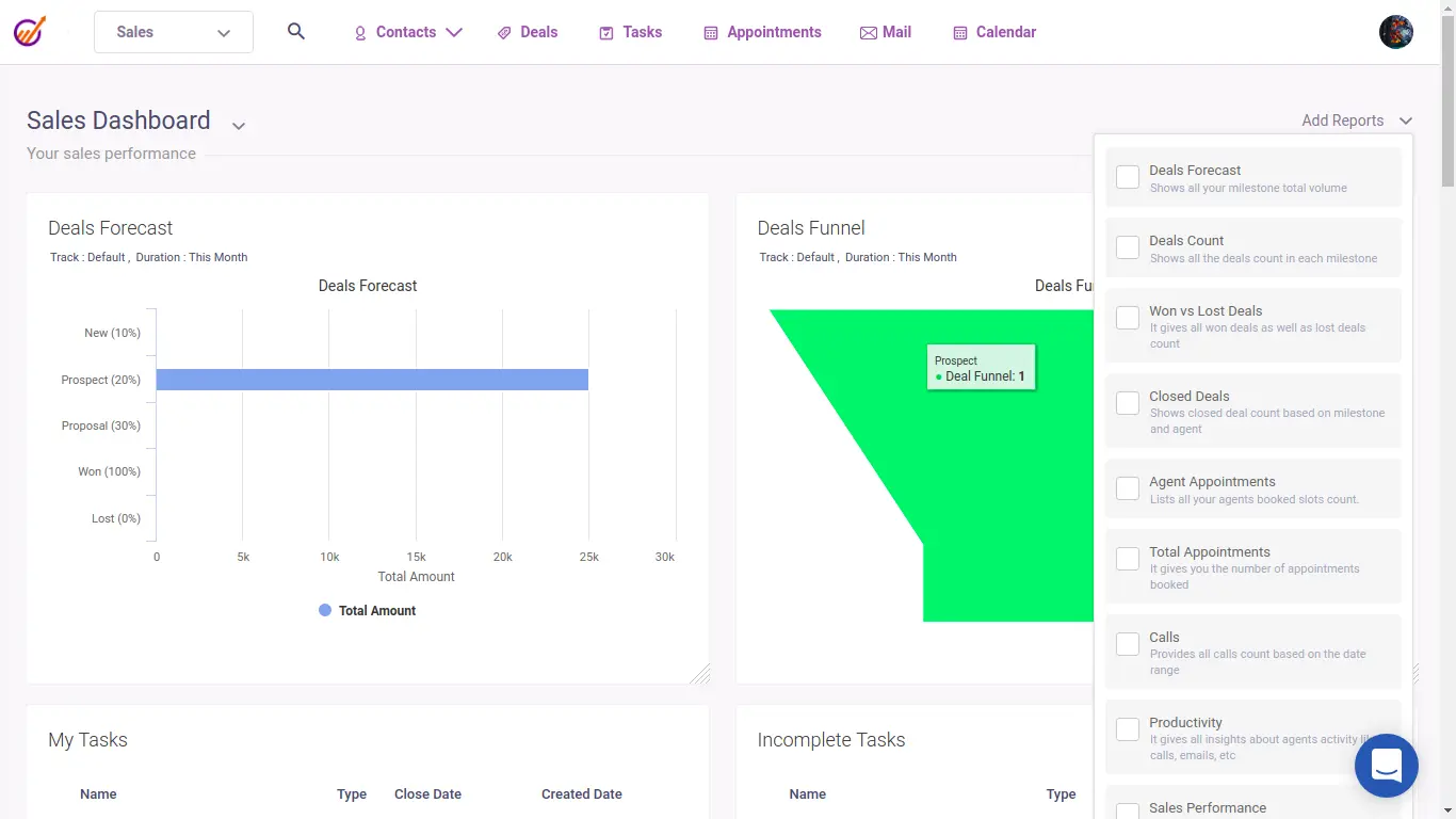 EngageBay report management dashboard showing proposal performance metrics and analytics.