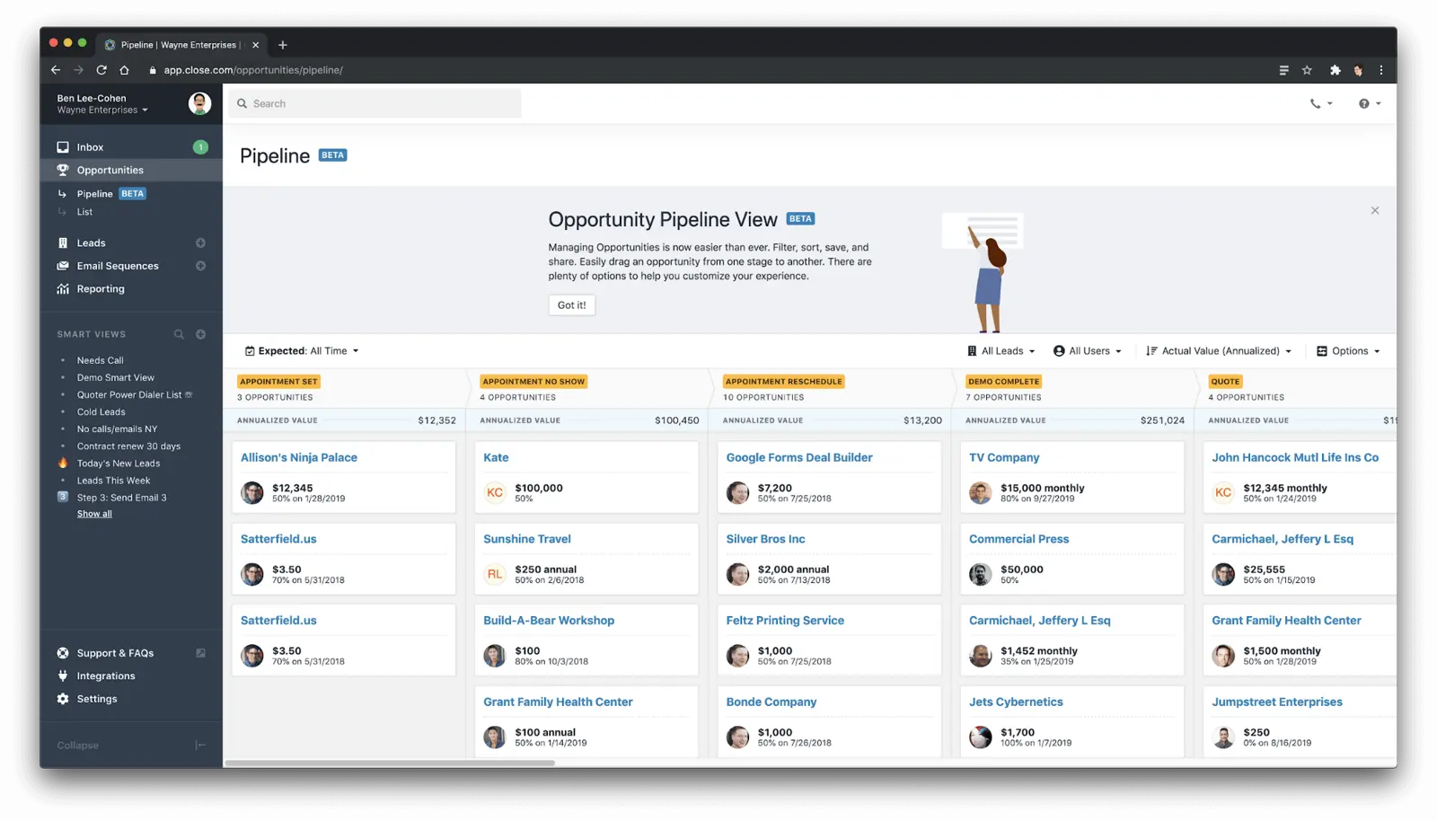 CRM opportunity pipeline view displaying sales prospects and details.