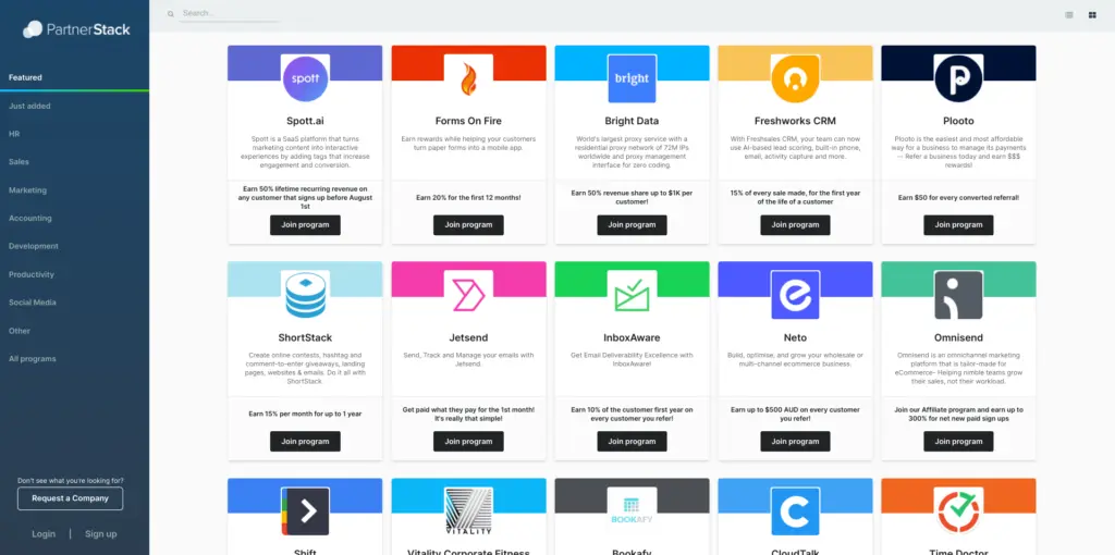 PartnerStack dashboard showing available affiliate programs.