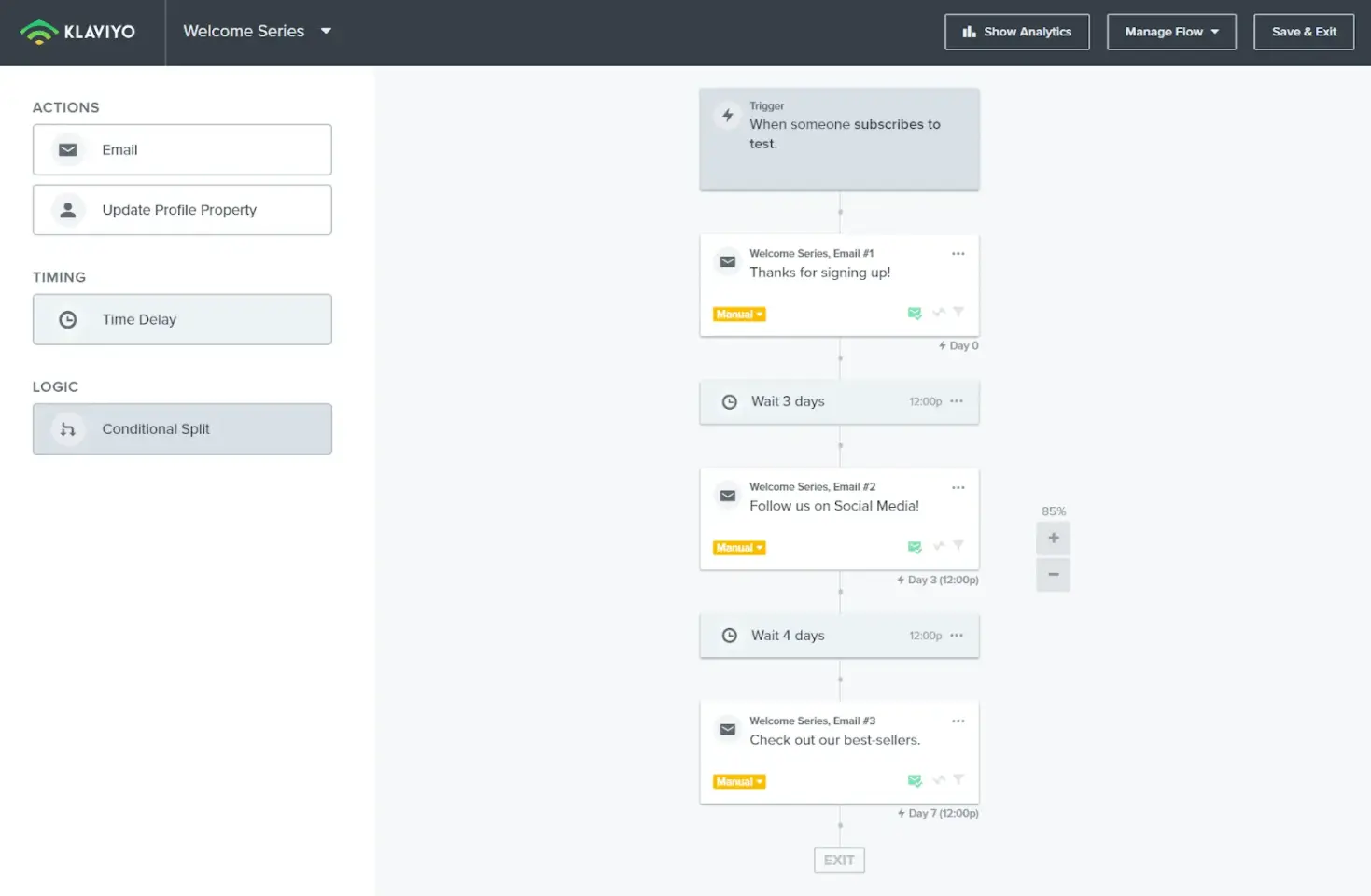Klaviyo automation builder showing a welcome series with timed follow-up emails.