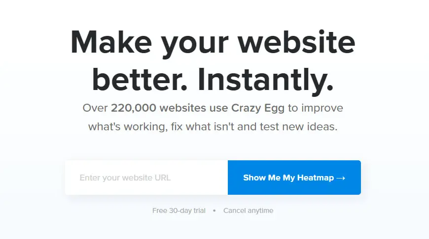 Crazy Egg homepage featuring a call to action for heatmap trial.