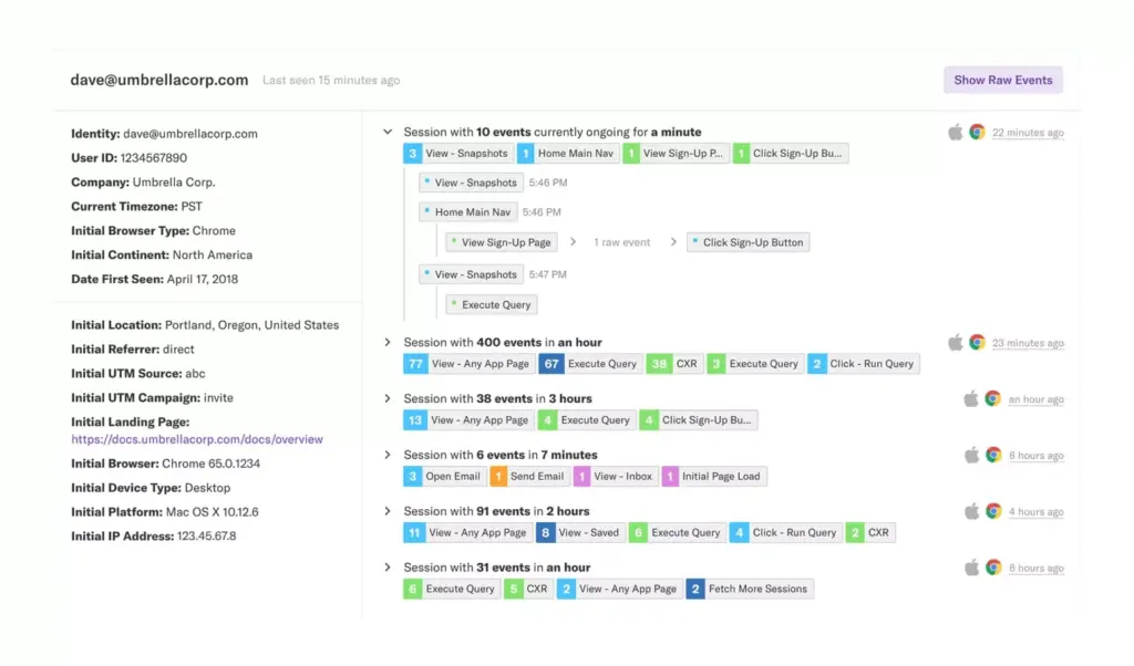 Heap session events overview with various user interactions.