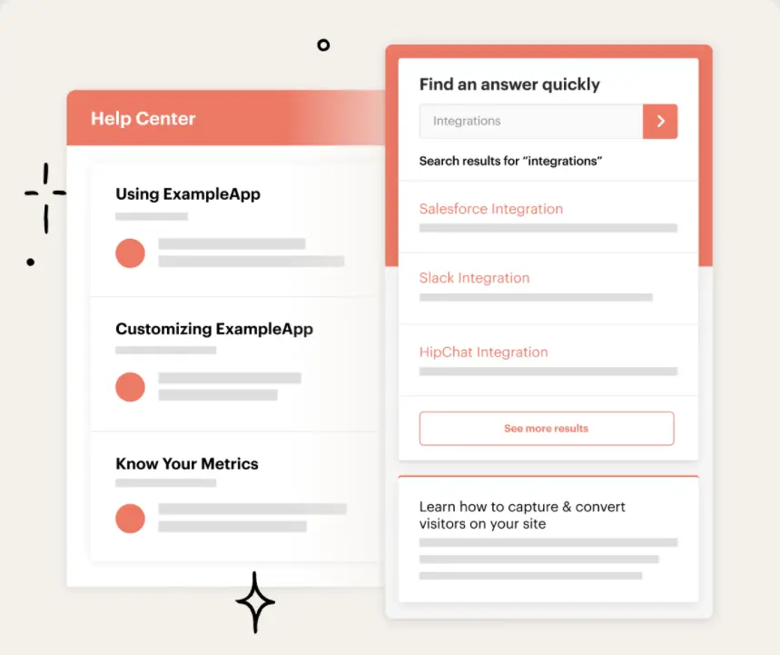 ExampleApp Help Center search function for integrations.