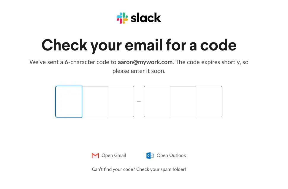 Slack email verification screen showing a 6-character code input.