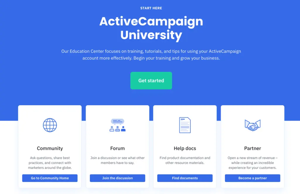 ActiveCampaign University interface showcasing training resources and community engagement options.