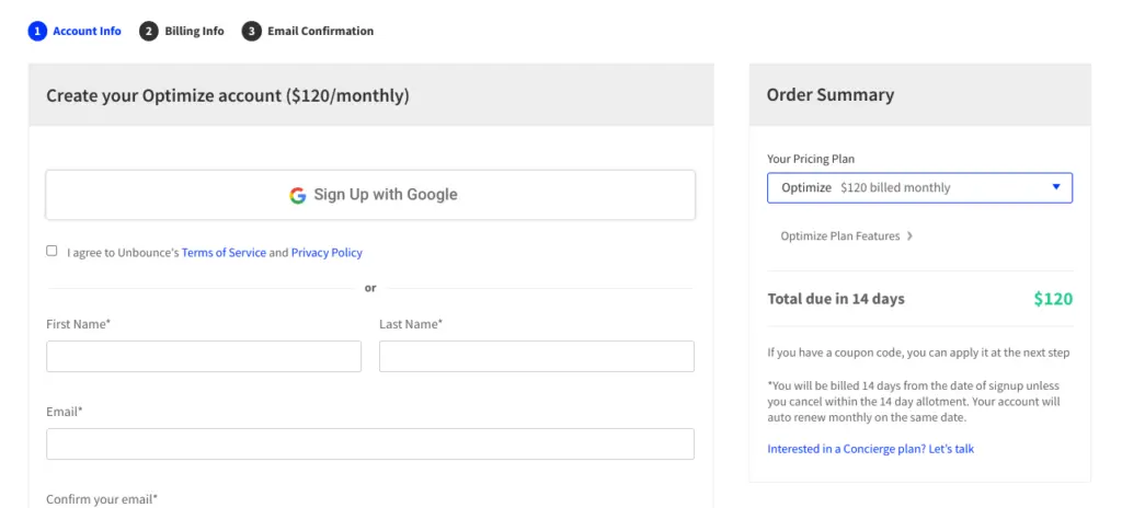 Unbounce account creation form with pricing details and sign-up options.
