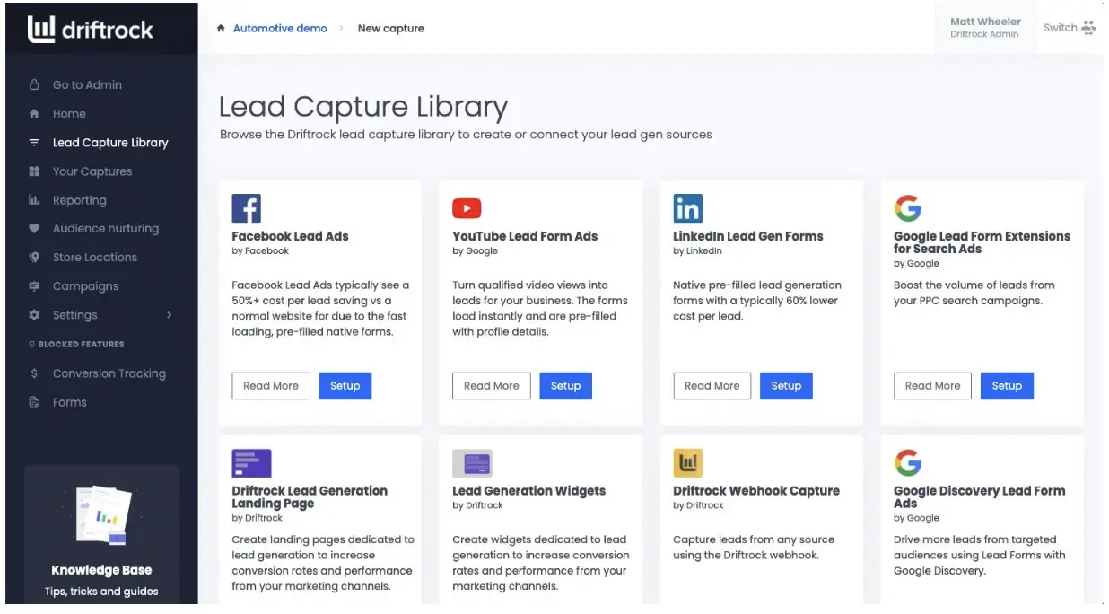 Driftrock lead capture library showcasing various lead generation options.