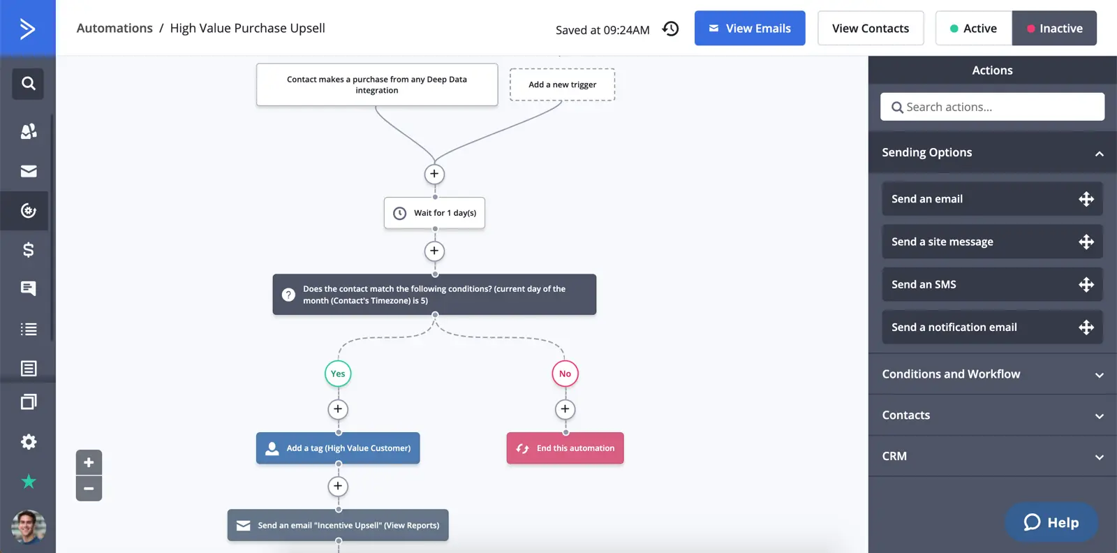 ActiveCampaign automation builder showing a purchase upsell sequence.