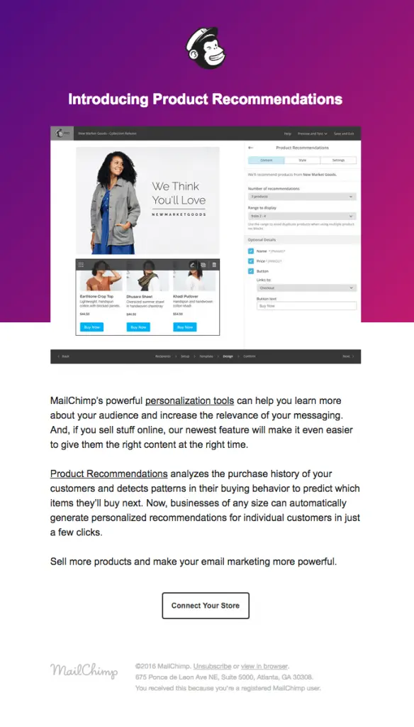 Mailchimp email showcasing new product recommendation features.