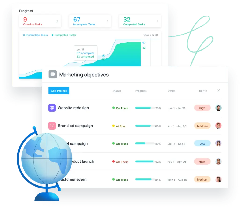 Asana project management dashboard showing task statuses and progress.