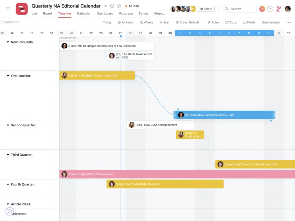 Asana timeline displaying project status and deadlines.