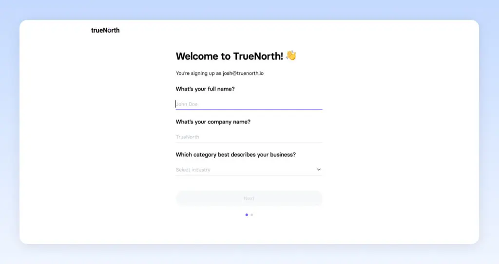 TrueNorth multi-step form with name and company input fields.