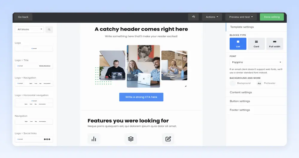 MailerLite email builder showcasing a customizable contact page.