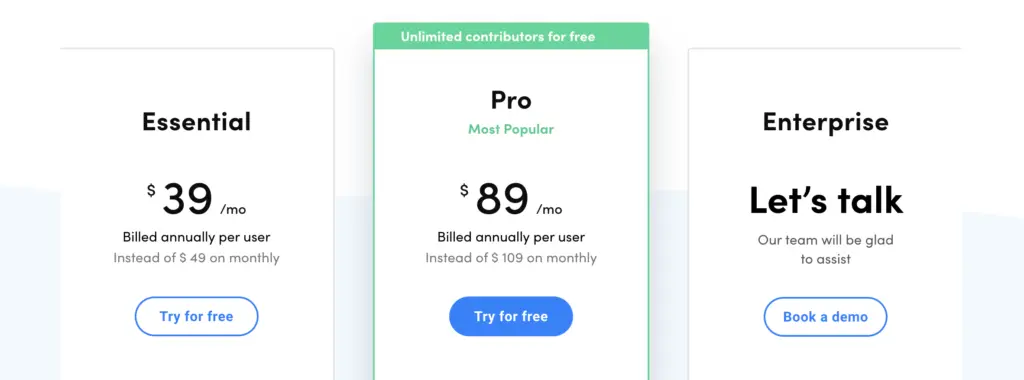 Screenshot of Craft's pricing page