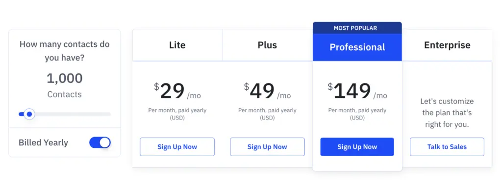 Screenshot of ActiveCampaign pricing page