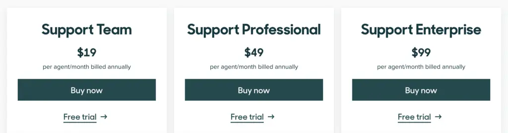 Screenshot of Zendesk pricing